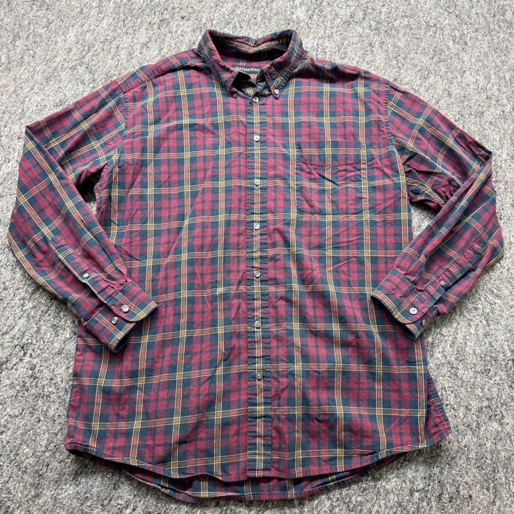 Hathaway Mens XL Plaid Button Down Shirt Burgundy Navy Gold Cotton Long Sleeve